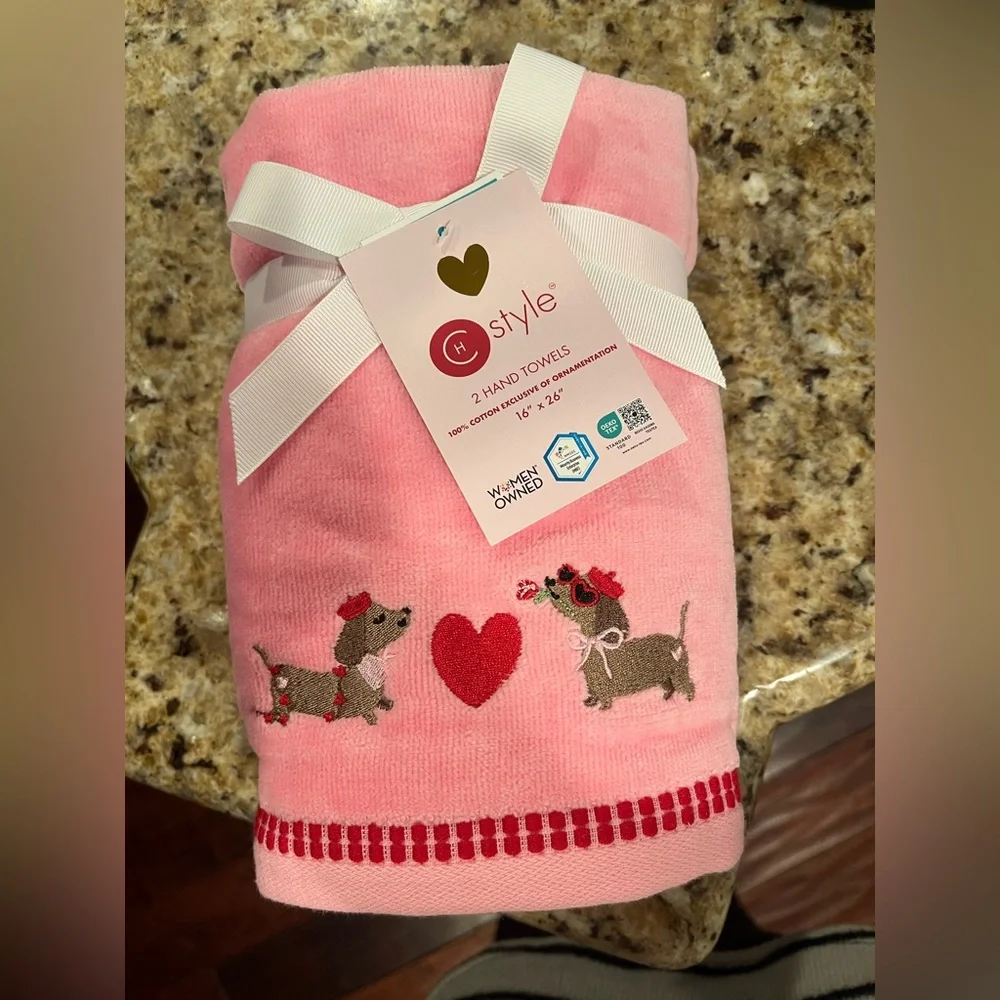 Set of 2 Pink Valentine’s Hand Towels with dachshund Dog Embroidery